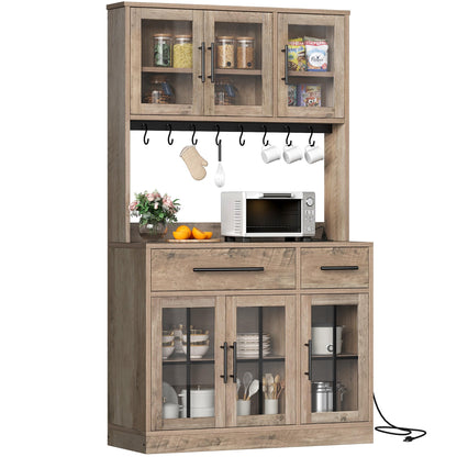 YITAHOME 71" Farmhouse Kitchen Pantry Storage Cabinet with Power Outlet, Freestanding Hutch Cabinet with Microwave Stand & Adjustable Shelves, Cupboard Pantry Cabinet with Large Countertop, Lvory Grey