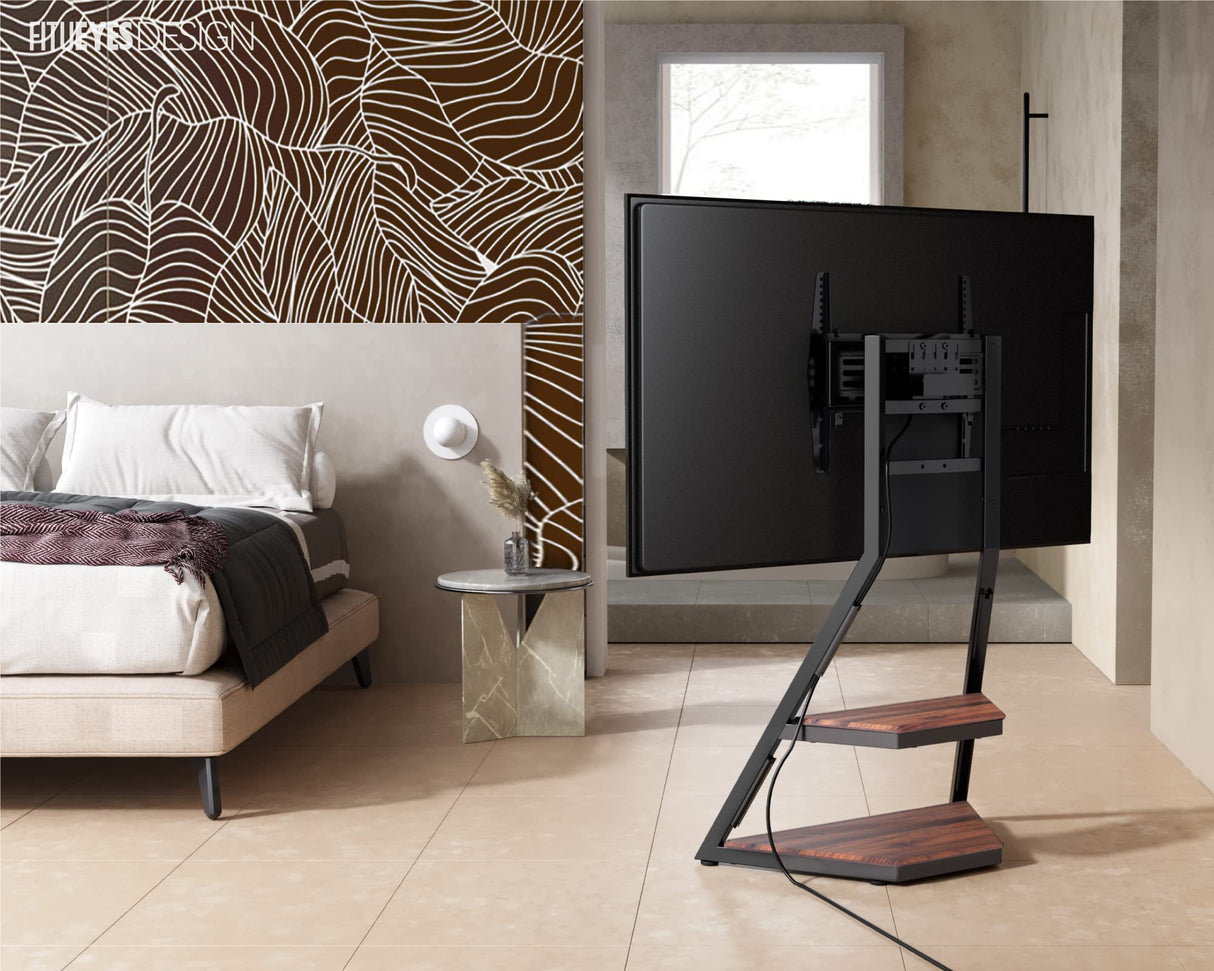 FITUEYES Design Corner TV Stand for 32 43 50 55 65 Inch TVs, Small Spaces Floor TV Stand Rolling TV Cart for LCD/LED Flat Curved Screens, Modern Living Room Television Stands, Eiffel Series, Walnut FITUEYES