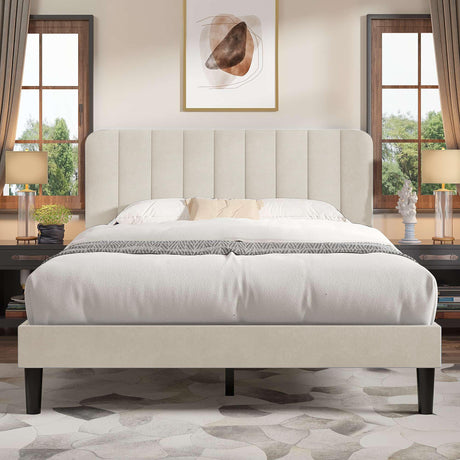 VECELO Full Size Bed Frame with Upholstered Headboard, Velvet Platform Bedframe Mattress Foundation, Strong Wood Slat Support, No Box Spring Needed,Velvet Beige VECELO
