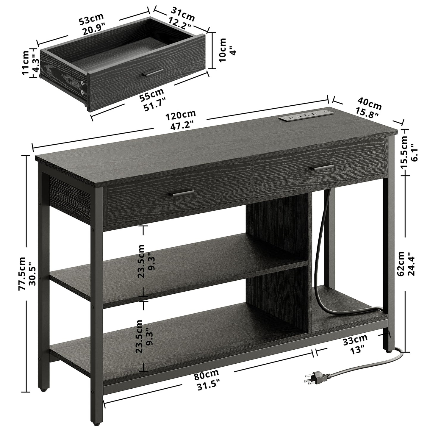 IRONCK TV Stand LED Lights, Entertainment Center with Power Outlet for 55 Inch TV, Industrial TV Console with Media Storage Shelf and 2 Large Drawers,for Bedroom/Living Room, Black