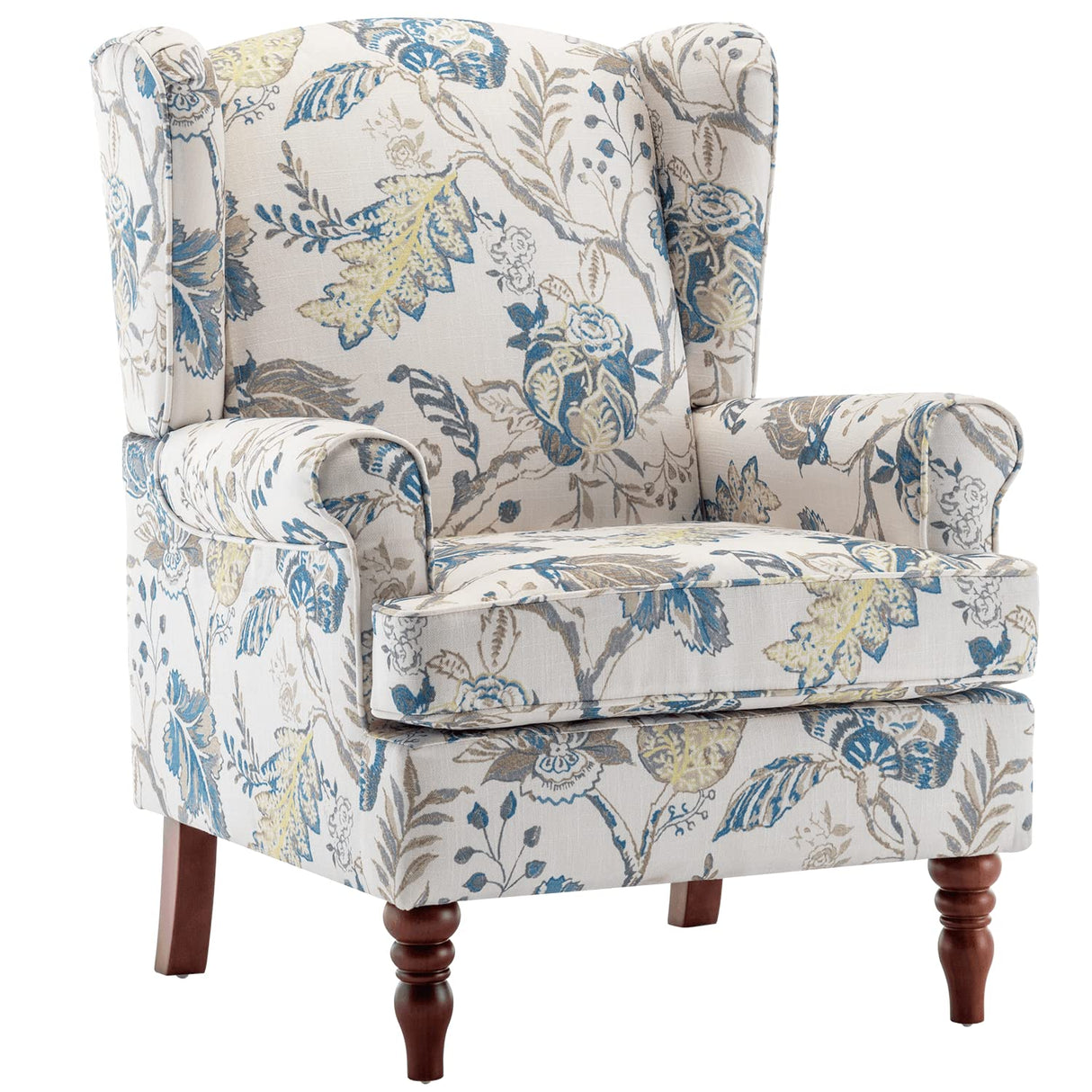 MELLCOM Floral Accent Chair, High Back Upholstered Armchair with Solid Legs, Leisure Single Sofa Chair for Living Room, Bedroom, Home Office, Blue Floral MELLCOM