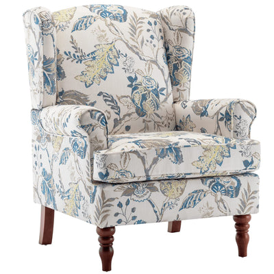 MELLCOM Floral Accent Chair, High Back Upholstered Armchair with Solid Legs, Leisure Single Sofa Chair for Living Room, Bedroom, Home Office, Blue Floral