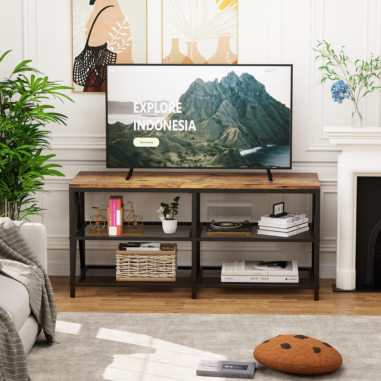 Katrawu TV Stand for TV up to 55 Inch, Long 43" TV Cabinet with 3-Tier Storage Shelves,Entertainment Center TV Console Table for Living Room with Industrial TV Metal Frame, Rustic Brown