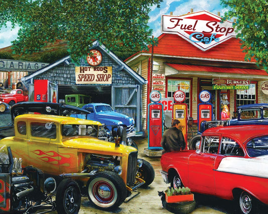 Springbok's Hot Rod Cafe 2000 Piece Puzzle for Adults Features a Nostalgic Image of Classic Hot Rods