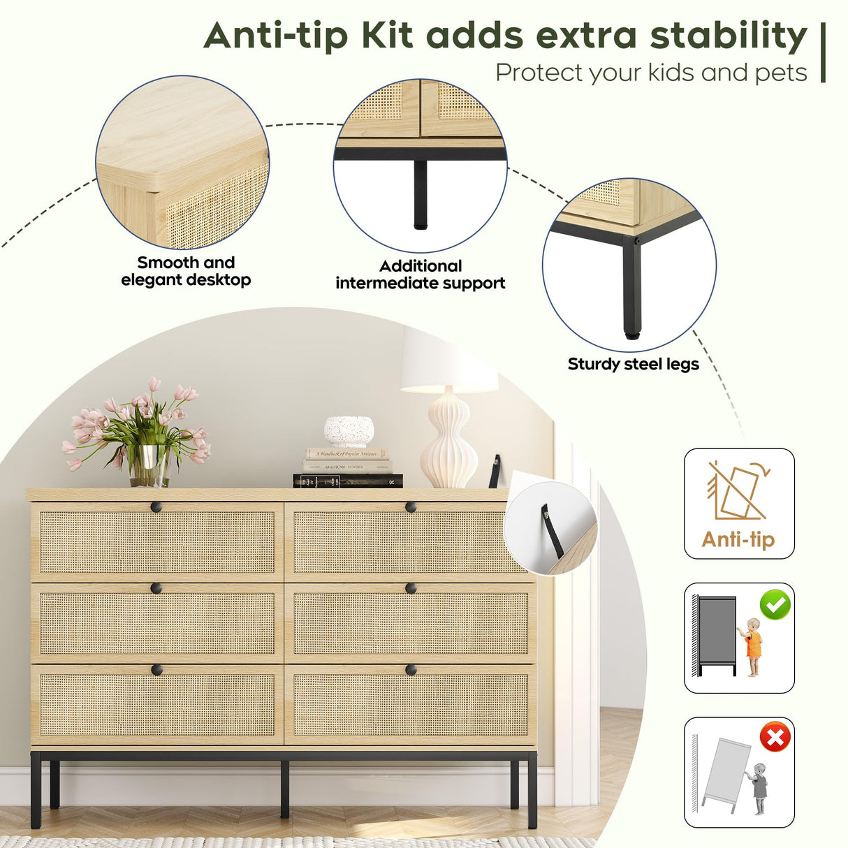 Modern 6 Drawer Dresser with Natural Rattan Drawers, Industrial Wood Double Dresser for Bedroom with Sturdy Steel Legs, Closet Storage Dressers Organizer TV Stand Dresser for Living Room Hallway Yechen