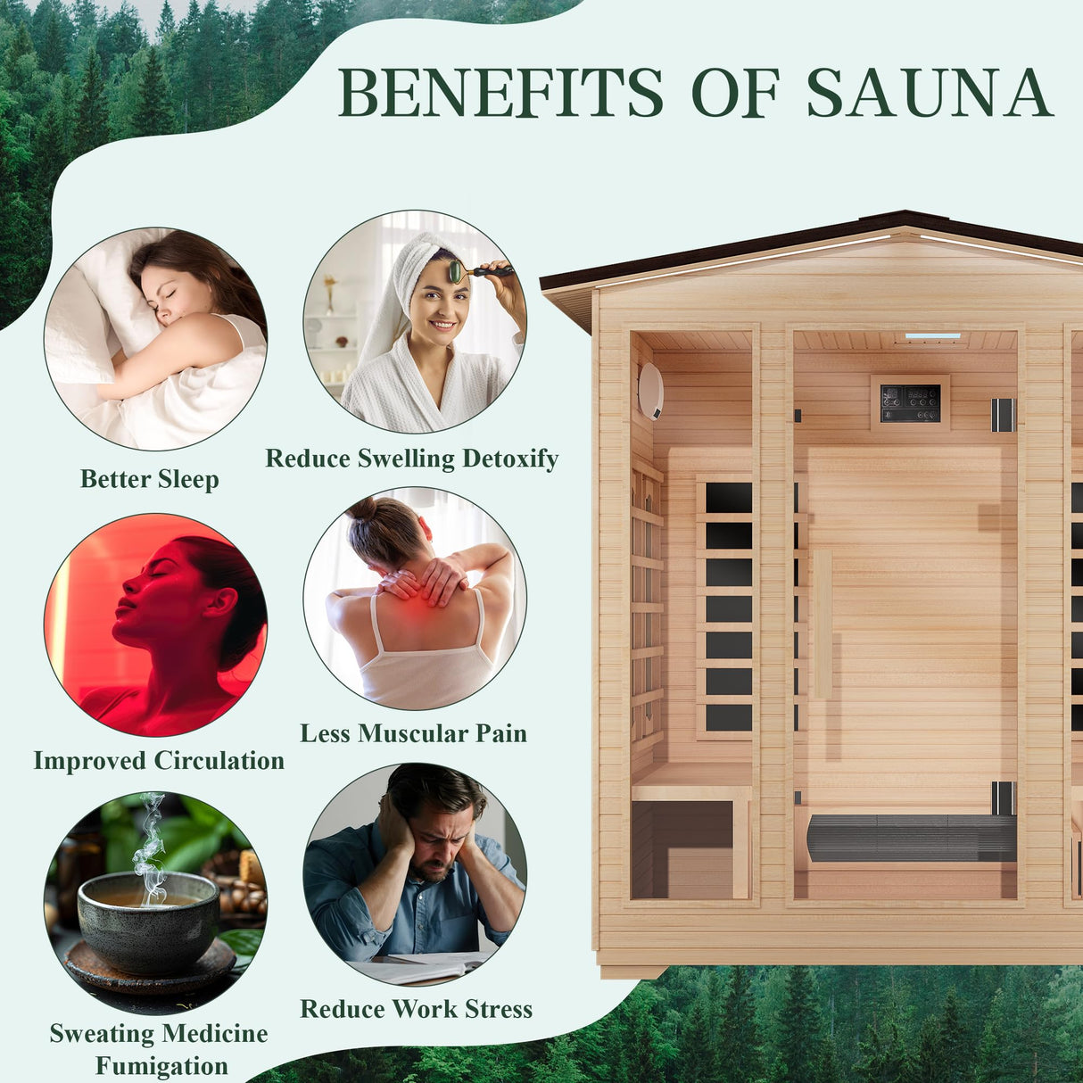 BNEHS Outdoor Sauna 4 Person,Full Spectrum Infrared Sauna,Home Sauna with 10 Minutes Warm Up Heating Tubes & Panels,Personal Wooden Sauna Room with Bluetooth Speaker,3060Watt BNEHS