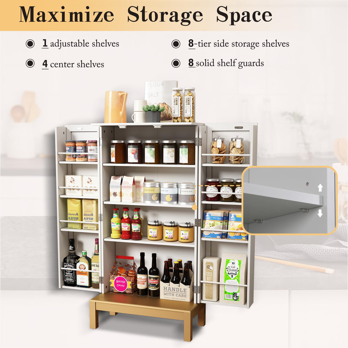 HOLTICO 45'' Storage Cabinet with Doors and Adjustable Shelves,Food Pantry Cabinet for Kitchen,Dining Room,Living Room and Garage,Gold Lines and Legs, White. HOLTICO