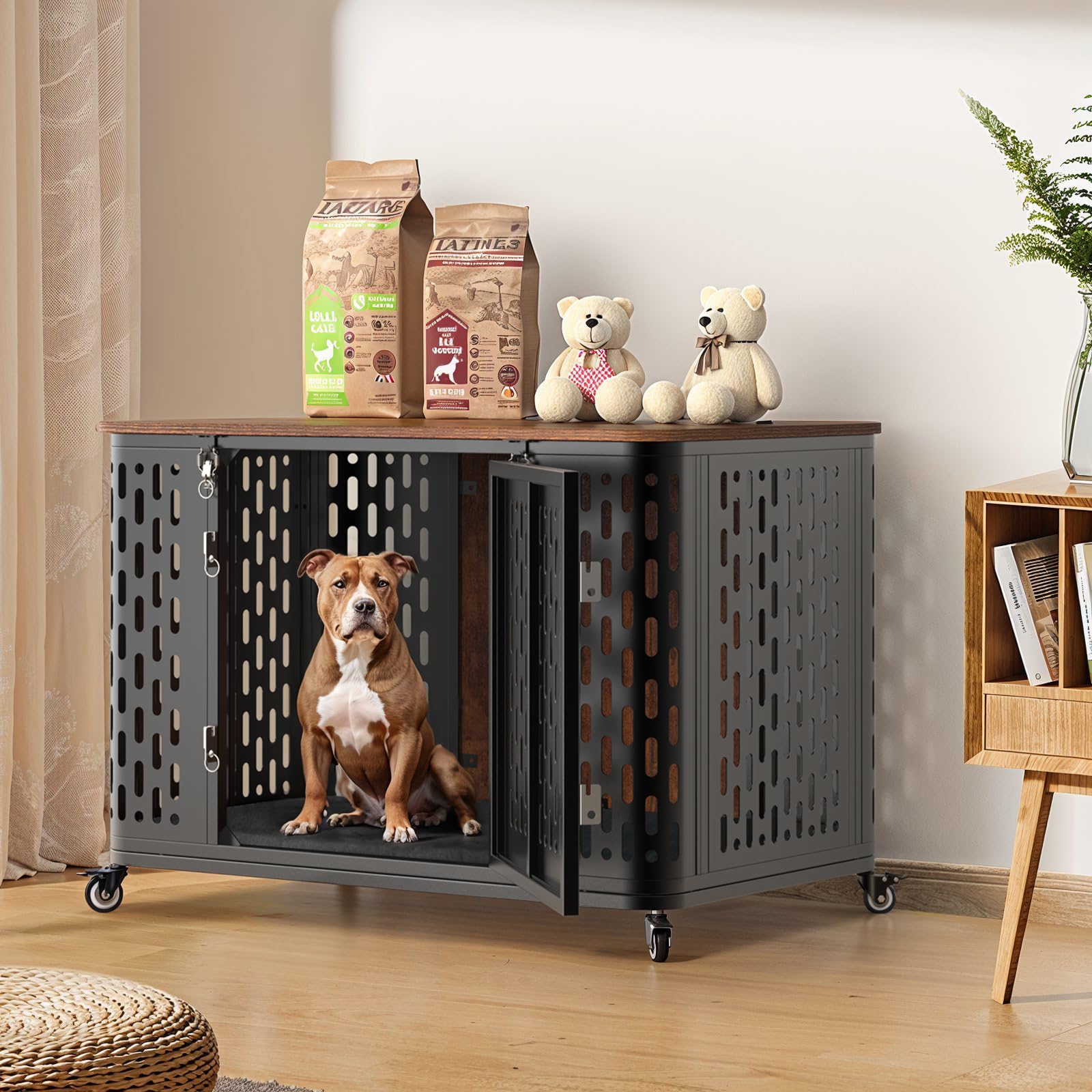 ONBRILL Dog Crate Furniture with Cushion, Wood Dog Kennel with Flexible Wheels and Multi-Purpose Dog Cage for Small/Medium Dogs, 38" Dog Kennel, Rustic Brown - WoodArtSupply