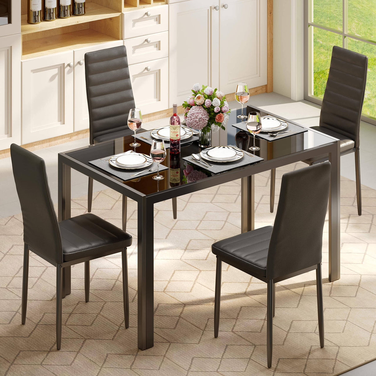 Gizoon 5 Piece Glass Dining Table Set, Kitchen and Chairs for 4, PU Leather Modern Room Sets for Home, Kitchen, Living Room Gizoon