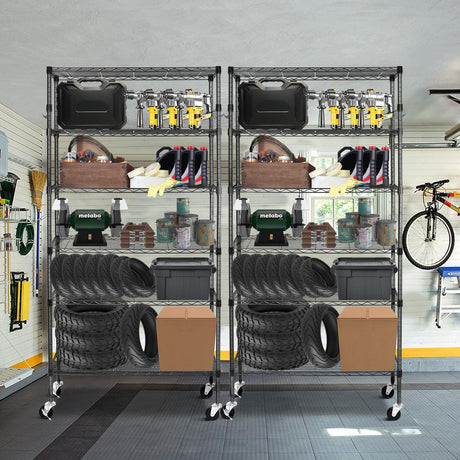 BolDuck 6 Tier Storage Shelves with Wheels, 2100lbs Capacity Heavy Duty Shelving Units, 14x36x75inch Adjustable Metal Shelf Wire Shelving Rack for Garage, Kitchen, Office, Black BolDuck