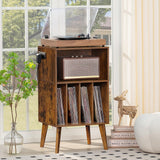 Lerliuo Record Player Stand with Charging Station, Brown Turntable Stand Holds up to 160 Albums, Mid-Century Vinyl Storage Cabinet Table with Wood Legs, Record Holder Dispaly Shelf for Living Room Lerliuo