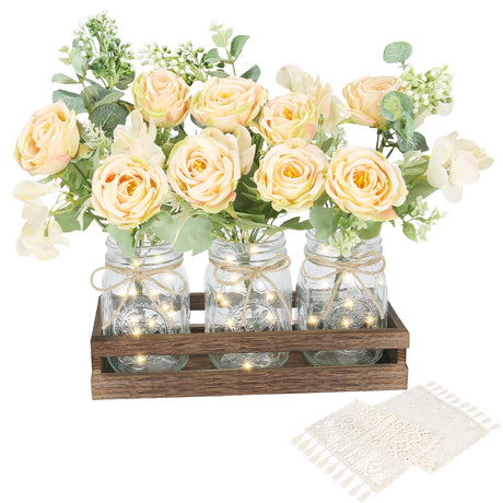 ELIMTEC Mason Jar Lights Table Centerpiece Decoration for Farmhouse Coffee, with Wood Tray, Jars, Flowers, Boho Table Runner, Led Light for Kitchen Dining Living Room Rustic Table Decor ELIMTEC