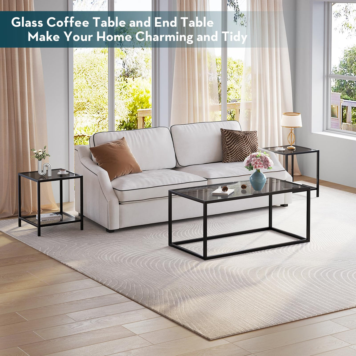 SAYGOER Glass Coffee Table Modern Coffee Tables Simple Rectangular Center Table with Open Space for Living Room Home Office,39.3 x 19.7 x 17.7Inches, Gray Black SAYGOER