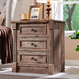Aitjunz 26" Tall Nightstand with Charging Station, Farmhouse 23.6" Wide Large End Table w/Roman Column, Wood Rustic Side Table w/Metal Handle, 3 Drawers Dresser for Bedroom, Living Room, Light Brown Aitjunz