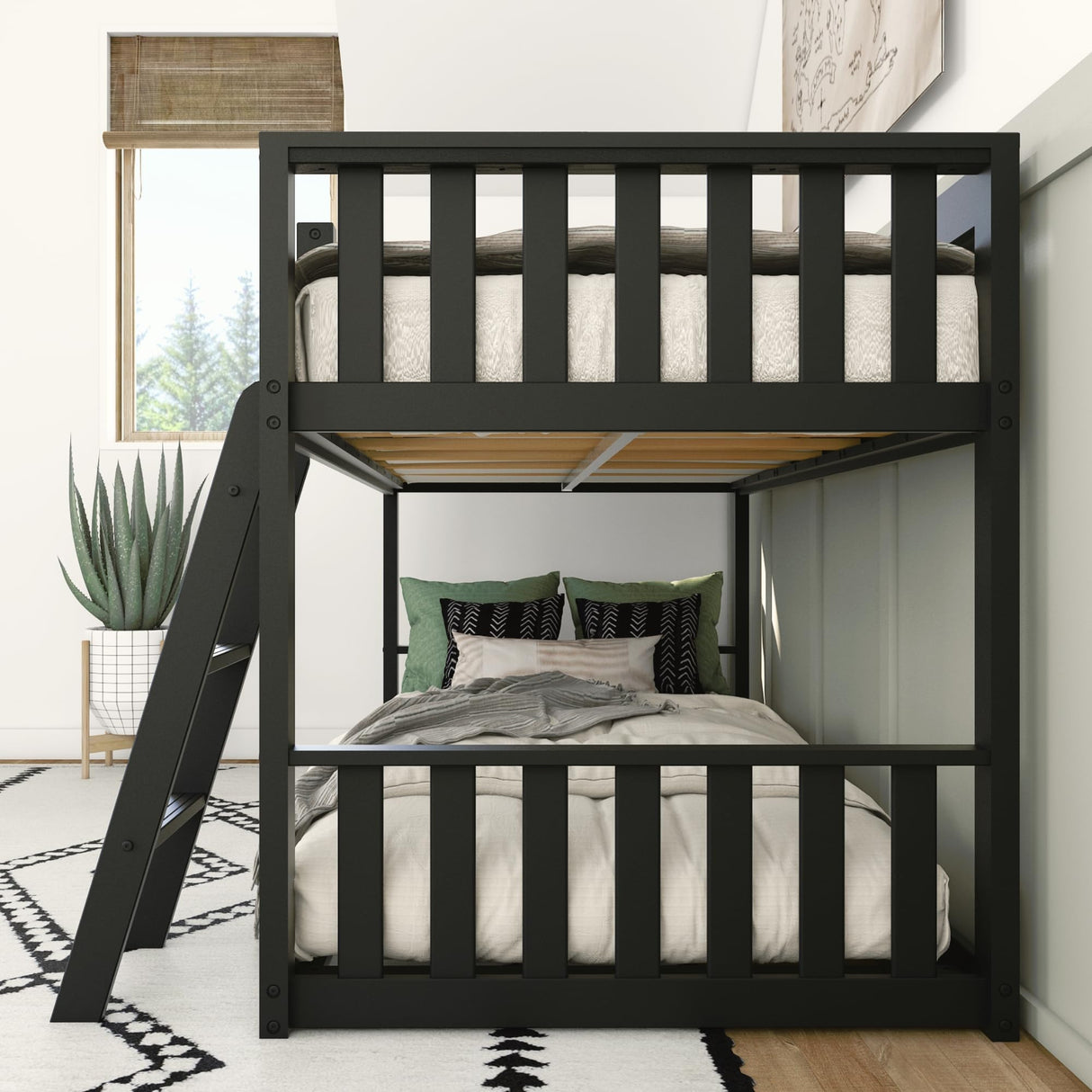 Max & Lily Low Bunk Bed, Scandinavian Modern Bunk Bed, Solid Wood Twin-Over-Twin Bed Frame for Kids, No Box Spring Needed, Black Max & Lily