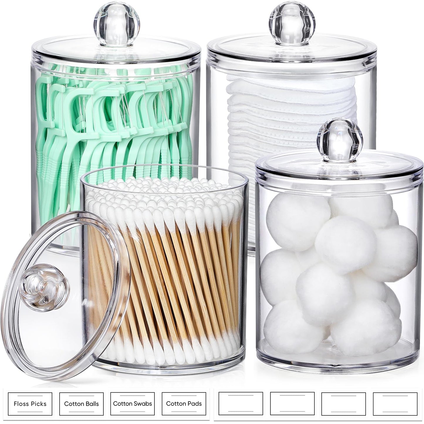 4 Pack Acrylic Qtip Holder Dispenser for Cotton Swabs, Balls, Pads, Floss Picks- Small Clear Plastic Canister Apothecary Jar Set, Bathroom Essentials Accessories Decor, Vanity Makeup Storage Organizer