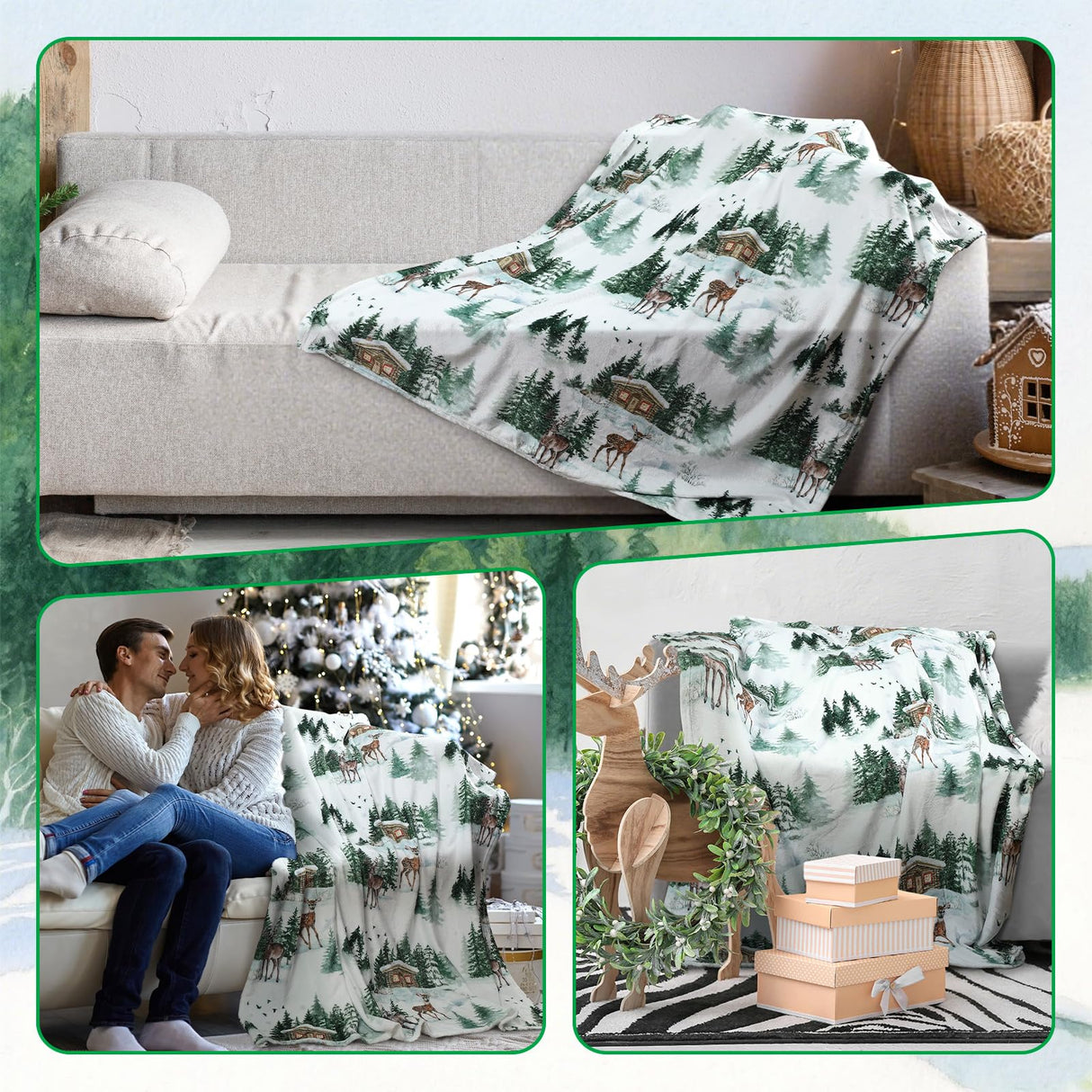 Breling Christmas Throw Flannel Blanket Winter Elk Cozy Fuzzy Warm Throw Blanket with Holiday Themed Print Christmas Gift for Winter Couch Sofa Bed Home Decor 60"x50" Breling