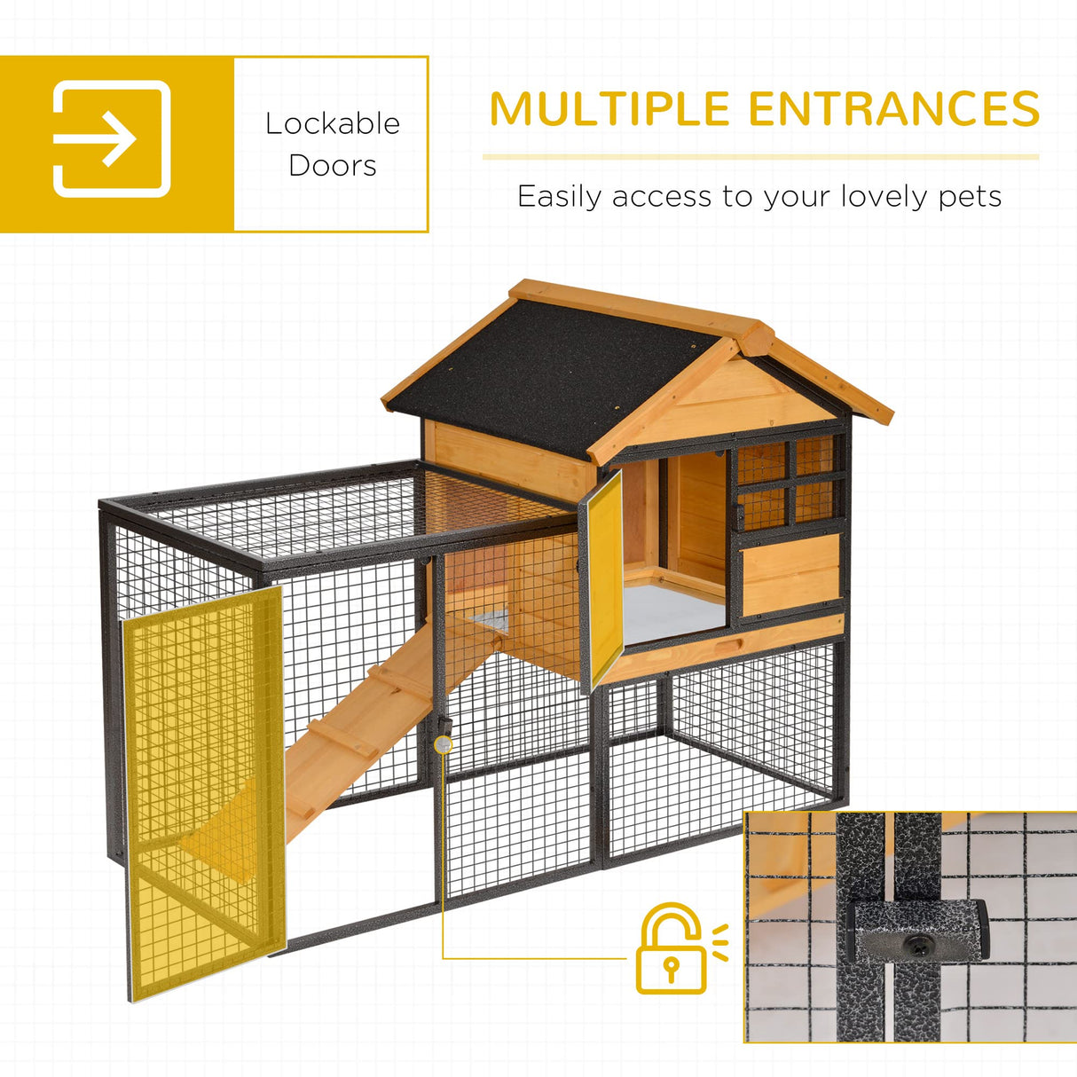 PawHut 2-Level Rabbit Hutch Bunny House with Weatherproof Hinged Asphalt Roof, Removable Tray and Ramp for Outdoor PawHut