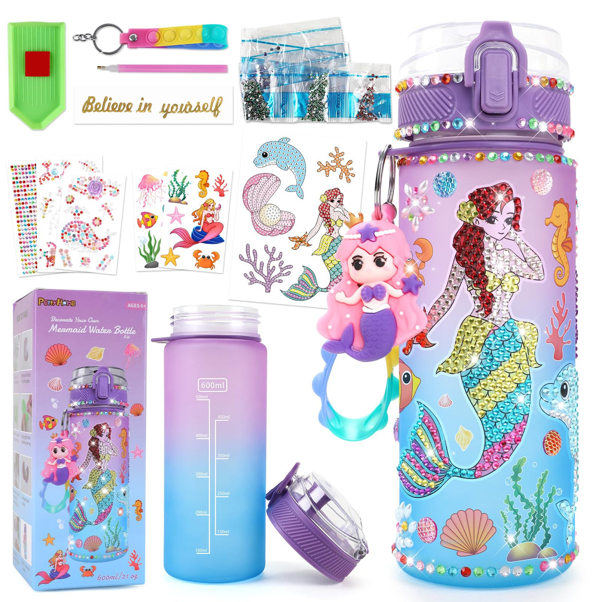 PERRYHOME Decorate Your Own Mermaid Water Bottle Kits for Girls, Mermaid Toys for Girls Age 4-10 Painting Crafts Kit, Fun Arts Kits 6-12 Year Old Toddler Girls Birthday Christmas Gifts Toys PERRYHOME