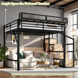 Queen Loft Beds with Storage Beside Shelves and Wardrobe, Metal Loft Bed Queen with LED Lights and USB Ports, Heavy-Duty Loft Bed Frame for Teens, Adults, Noise-Free & Space-Saving, Black Bellemave