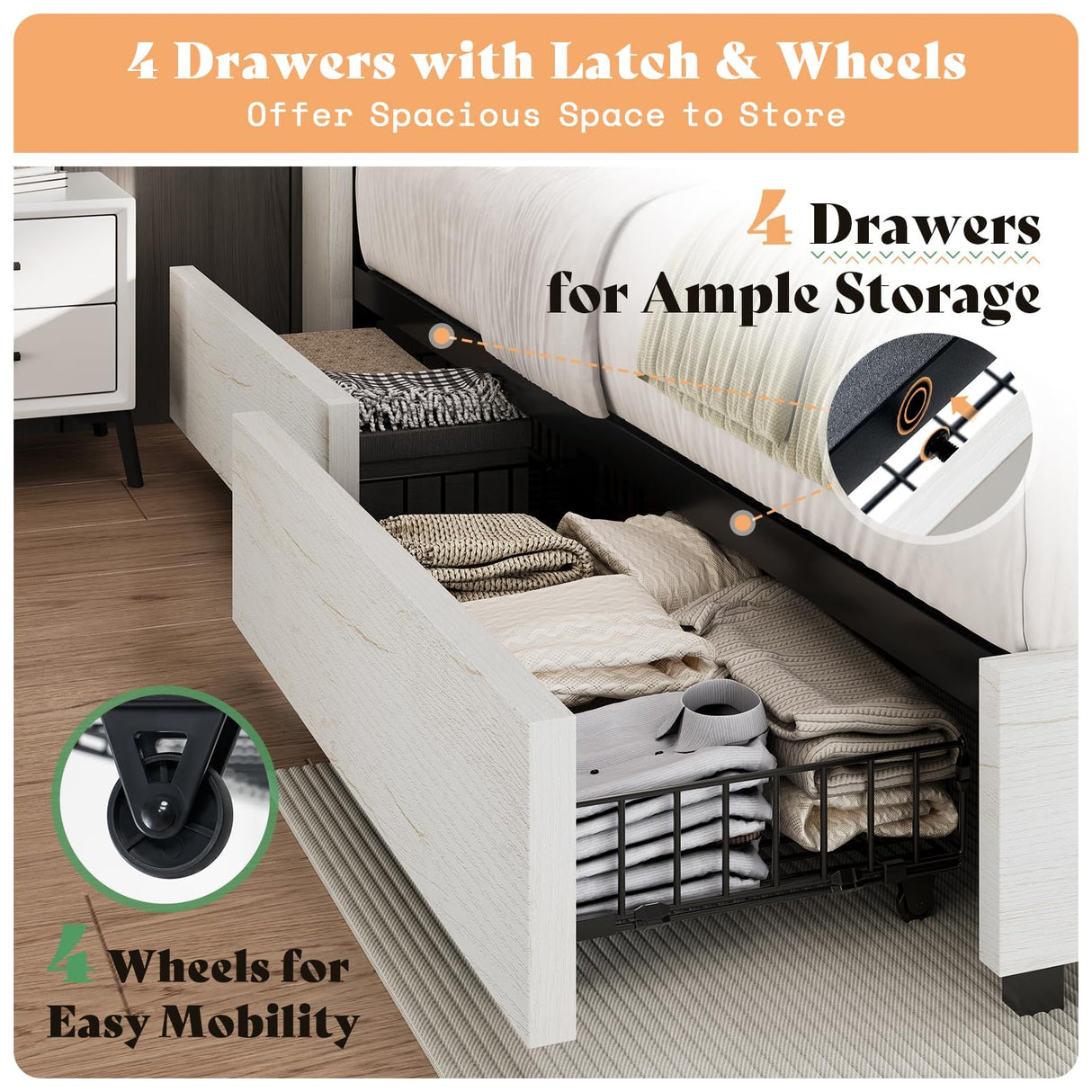 AMERLIFE King Size Storage Bed Frame with 4 Drawers, Padded Upholstered Bed with 47.2" Bookcase Headboard, Wooden Platform Bed with Charging Station/No Box Spring Needed/Rustic White AMERLIFE