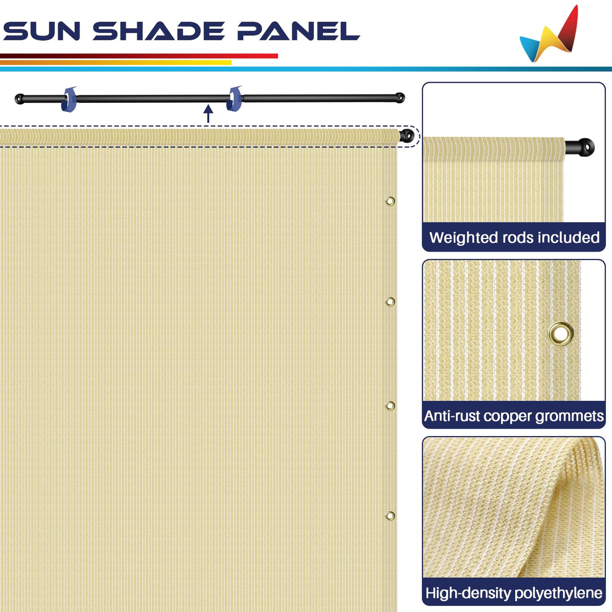 Windscreen4less 10' x 16' Universal Replacement Shade Cover Canopy for Pergola Patio Porch Privacy Shade Screen Panel with Grommets on 2 Sides includes Weighted Rods Breathable UV Block Beige Tan Windscreen4less