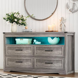 Dresser for Bedroom with 4 Drawers, Farmhouse Chest of Drawers with Natural Texture and LED Lights, Wide Wood Rustic Closet Storage Organizer, Modern Dresser TV Stand for Living Room, Entryway, Grey Xixini