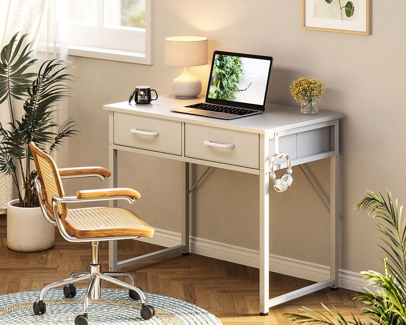 ODK Small Desk with Fabric Drawers- for Bedroom, White Vanity Desk with Storage, Home Office Computer Desk for Small Spaces, 32 Inch Modern Work Writing Study Table, White - WoodArtSupply