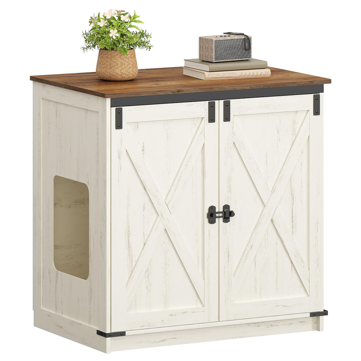 Hzuaneri Cat Litter Box Enclosure Enclosed, Hidden Litter Box Furniture Cabinet Large, Wooden Indoor Cat House with Adjustable Shelf for Top Entry Litter Box, Farmhouse Rustic Brown and White CB85414X Hzuaneri