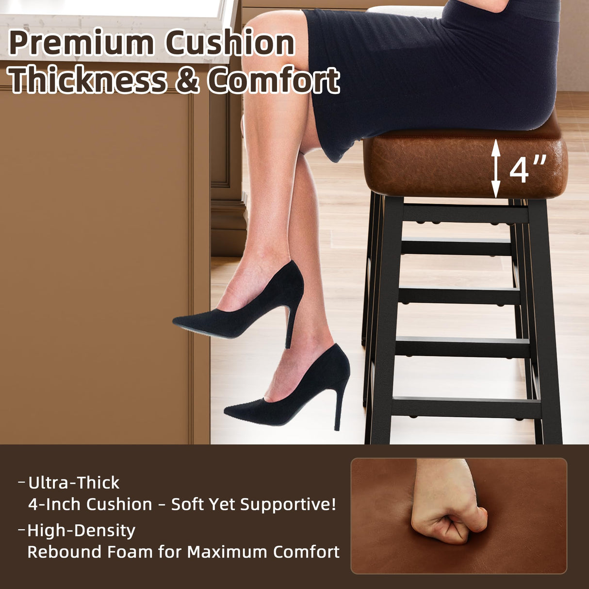 LONXIU Counter Height Bar Stools Set of 3, 24 Inch Backless BarStools for Kitchen Island Leather Saddle Bar Chairs Kitchen Stools with 4" Thick Seats & Heavy Duty Metal Base, Brown LONXIU