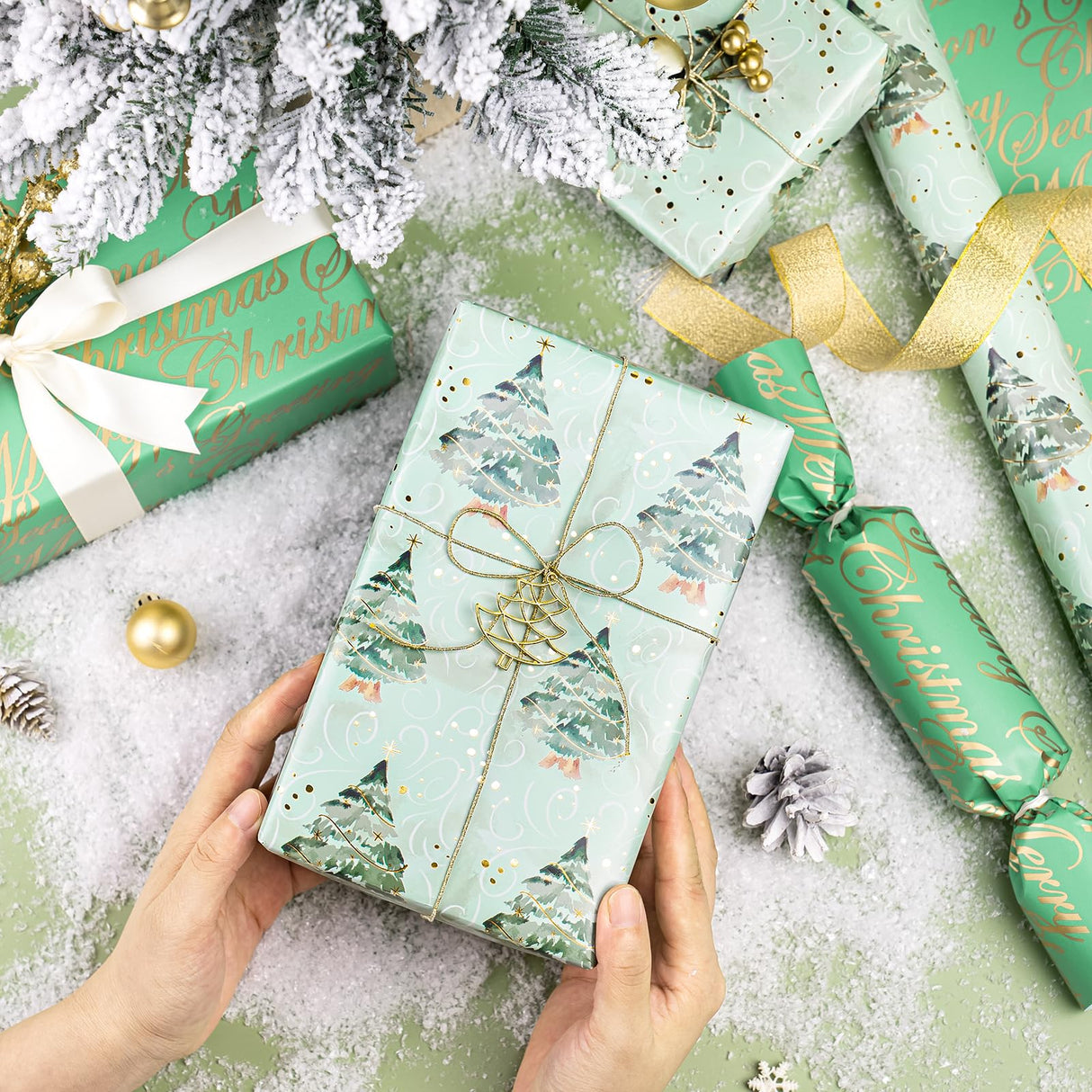 WRAPAHOLIC Reversible Green Christmas Wrapping Paper - Mini Roll - 17 Inch x 33 Feet - Watercolor Green Christmas Tree Wrapping Paper with Metallic Foil Shine for Holiday, Party, Celebration WRAPAHOLIC