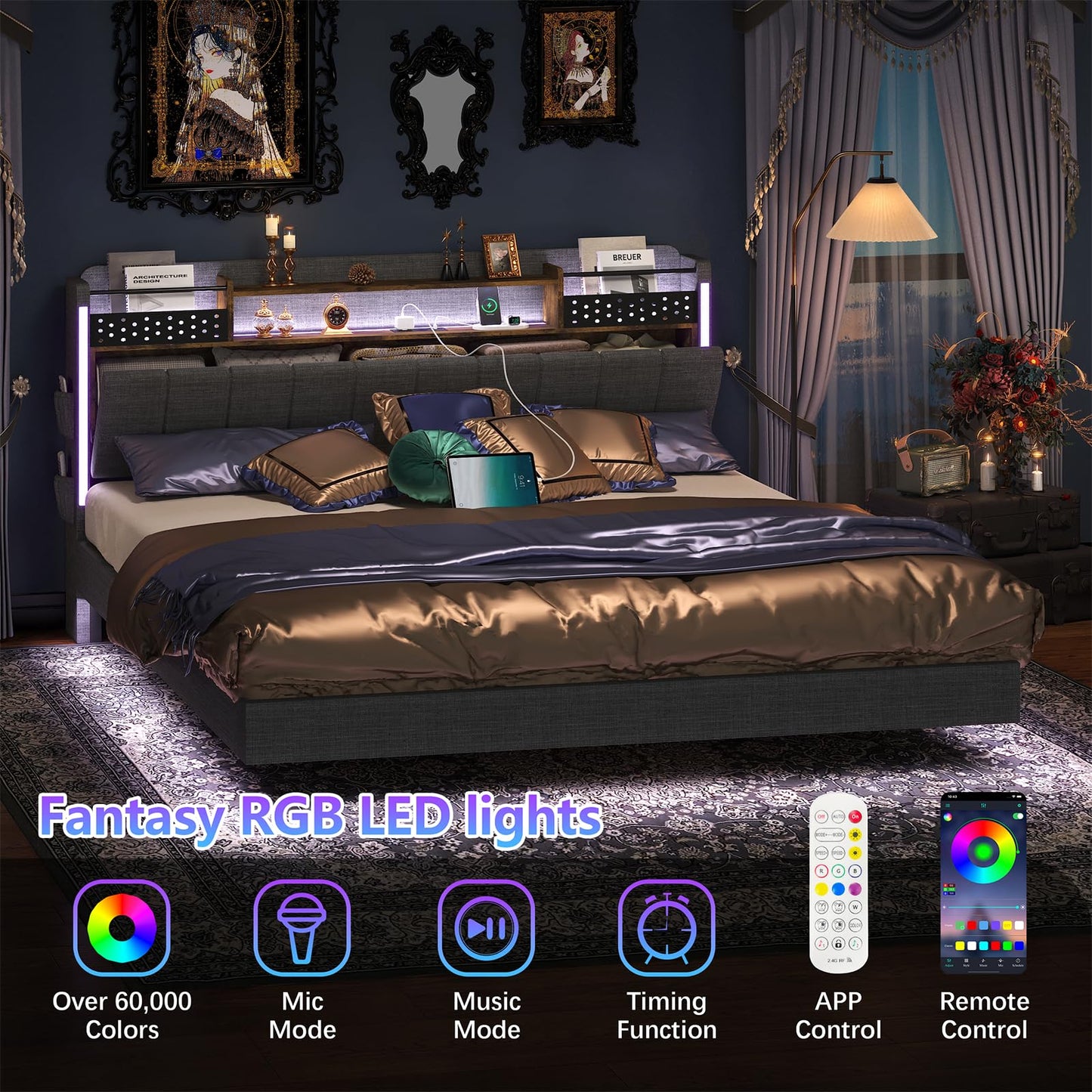 Elevate Your Sleep with the Dnxao Queen Size Floating Bed Frame – Modern Design, Built-in Charging Station, RGB LED Lights & Hidden Storage - WoodArtSupply