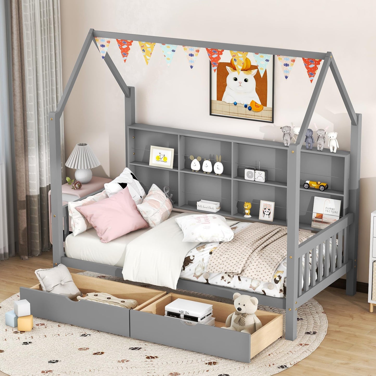 Bellemave Twin Size House Bed with Storage Drawers and Shelves - Gray Montessori Playhouse Frame for Kids - WoodArtSupply