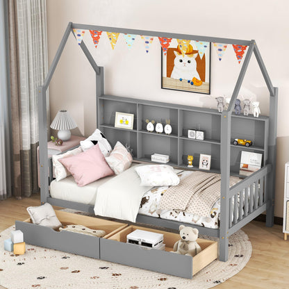 Bellemave Twin Size House Bed with Storage Drawers and Shelves - Gray Montessori Playhouse Frame for Kids - WoodArtSupply