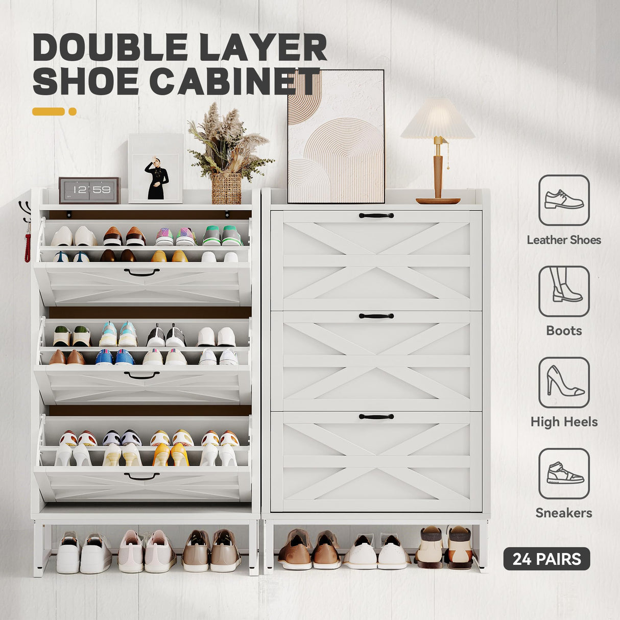 YITAHOME Slim Shoe Storage Cabinet with 3 Flip Drawers– Holds 24 Pairs, Space-Saving Shoe Rack for Entryway, Hallway & Living Room White Farmhouse Design YITAHOME