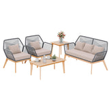 Kullavik Outdoor Patio Furniture Set,5 Pieces Indoor Rope Woven Sectional Sofa Set Modern Oak Patio Conversation Sets with Wooden Table for Balcony,Porch or Backyard,Sand Kullavik