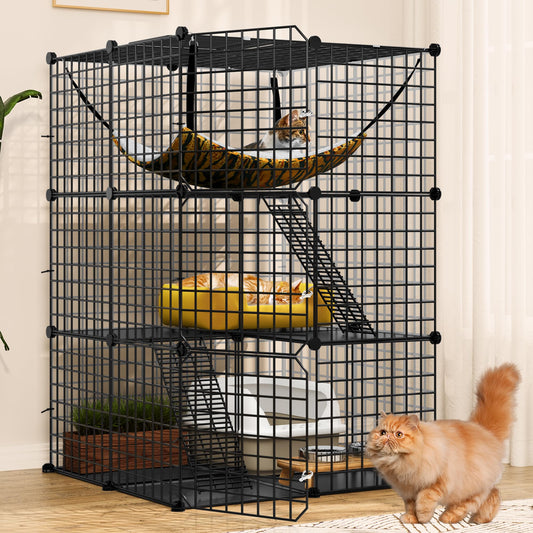 YITAHOME Cat Cage Indoor Catio DIY Cat Enclosures Metal Cat Playpen 3-Tiers Kennels Pet Crate with Extra Large Hammock for 1-2 Cats, Rabbit