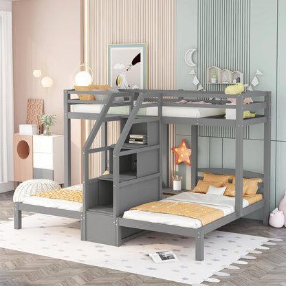 Harper & Bright Designs Triple Bunk Bed with Stairs, Twin Bunk Beds for 3, Wooden Bunk Bed with Built-in Staircase and Little Drawer for Kids Teens Adults, Gray