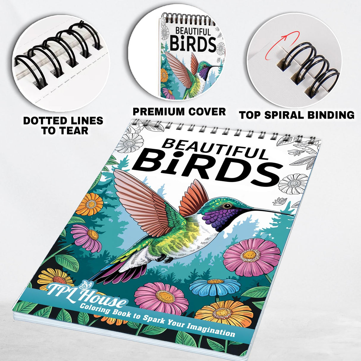 TPLHOUSE Beautiful Birds Coloring Book Spiral Bound for Adults, Premium Cover, 30 Serene Coloring Pages of Tropical Birds for Stress Relief and Relaxation TPLHOUSE
