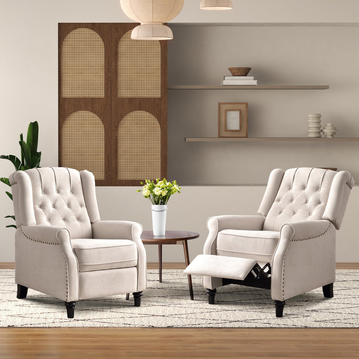 Bonzy Home Wingback Chairs Set of 2, Mid Century Modern Living Room Chairs, Fabric Push Back Recliner Chair with Rivet Decoration, Button-Tufted Back, Solid Wood Legs, Beige Bonzy Home