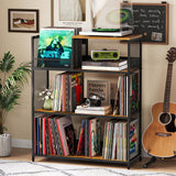 Huxitocan 4 Tier Large Record Player Stand, Holds Up to 380-450 Albums Turntable Stand with 4 Adjustable Divider Vinyl Record Cabinet Turntable Stand for Albums DVD Shelf Books Magazines Files Huxitocan