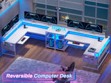 SEDETA Reversible L Shaped Gaming Desk with Power Outlets, LED Strip, Monitor Shelf, and Ample Storage in White SEDETA