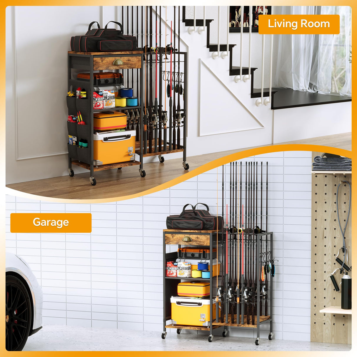 Homeiju Fishing Rod Holder, Fishing Pole Holders for Garage Boat Fishing Gear Storage with Drawer and Wheels, Holds 16 fishing rods for Home Entryway Corner,Rustic Brown Homeiju