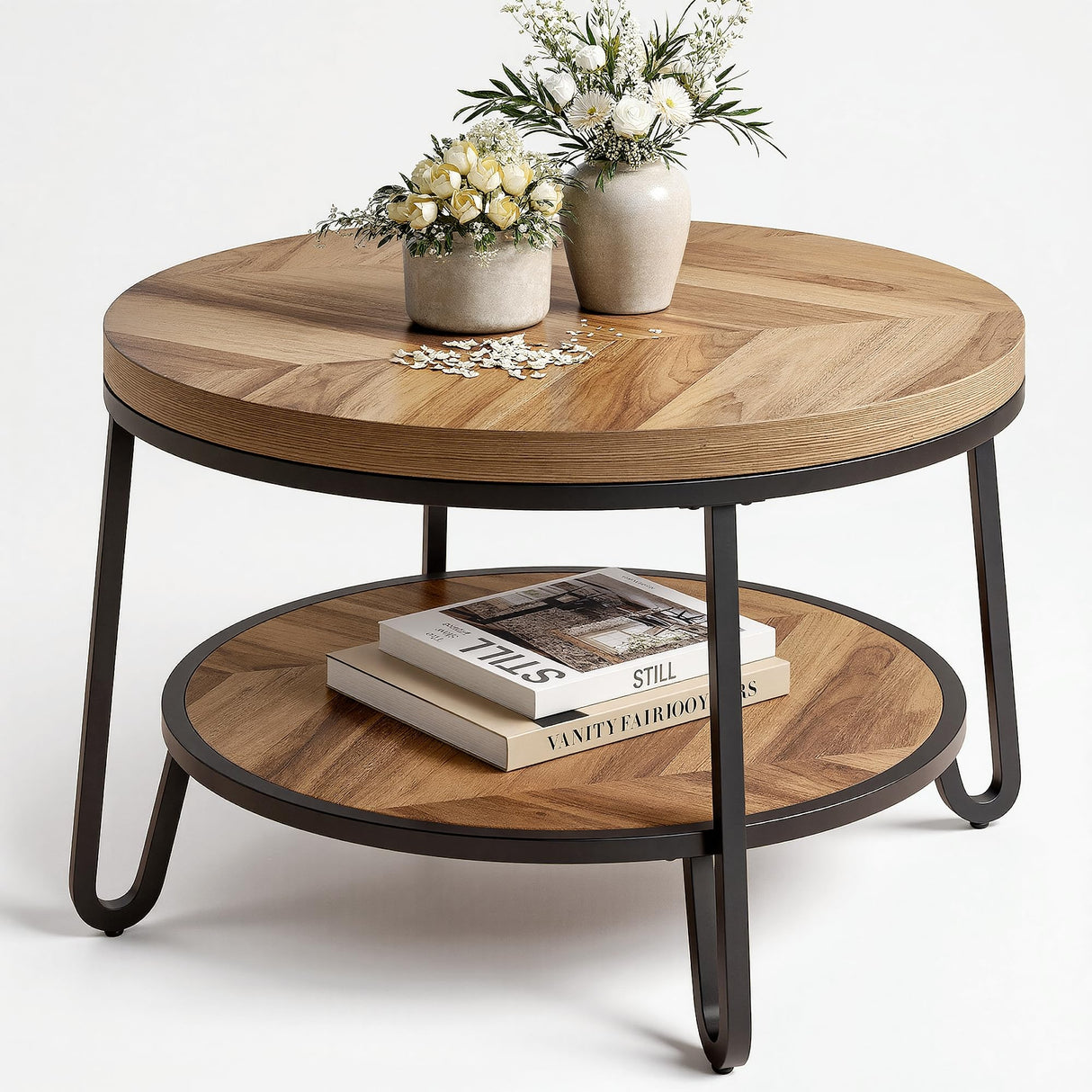 LIKEMET 32" Round Coffee Table, Wood Coffee Table for Sectional Sofa with 2-Tier Storage Shelves, Farmhouse Center Table with Wood Grain Desktop, Easy to Assemble LIKEMET