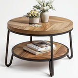 LIKEMET 32" Round Coffee Table, Wood Coffee Table for Sectional Sofa with 2-Tier Storage Shelves, Farmhouse Center Table with Wood Grain Desktop, Easy to Assemble LIKEMET