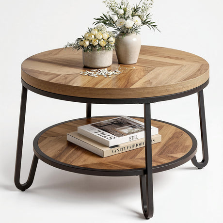 LIKEMET 32" Round Coffee Table, Wood Coffee Table for Sectional Sofa with 2-Tier Storage Shelves, Farmhouse Center Table with Wood Grain Desktop, Easy to Assemble LIKEMET