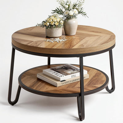 LIKEMET 32" Round Coffee Table, Wood Coffee Table for Sectional Sofa with 2-Tier Storage Shelves, Farmhouse Center Table with Wood Grain Desktop, Easy to Assemble