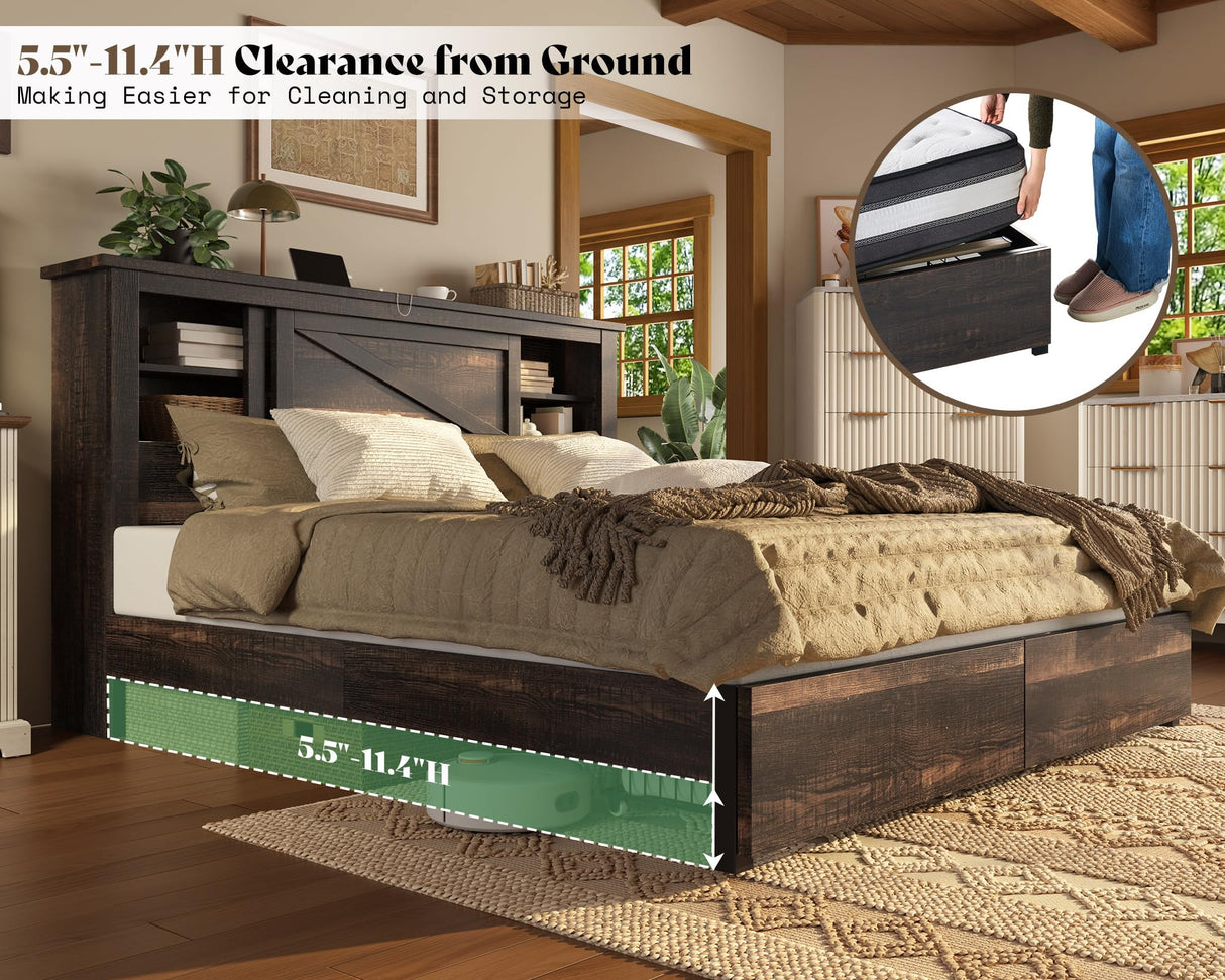AMERLIFE 47.2" H King Bed Frame with Hidden Space Bookcase Headboard and Charging Station, Beds with 2 Storage Drawers and Wood Slats, No Box Spring Needed, Dark Oak AMERLIFE
