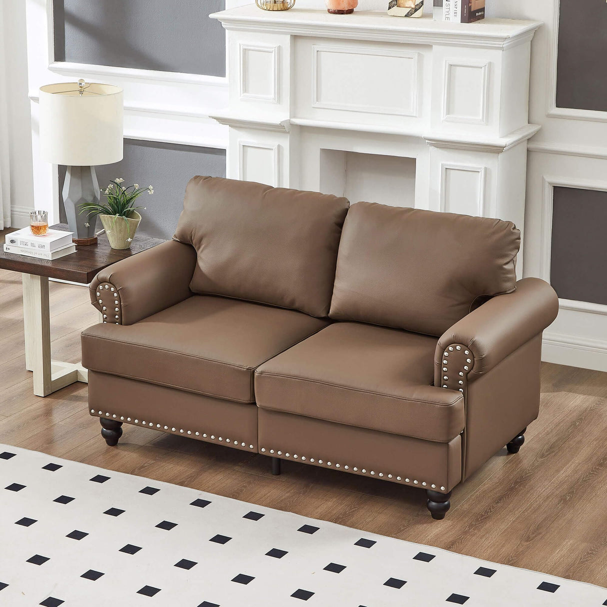 Lestar Loveseat Sofa Faux Leather, Upholstered Comfy 2 Seater Love Seat Sofas Couch Classic Style Round Armrests Nailhead Trim Removable Cushion Cover w/Storage Space (Brown, Loveseat) Lestar