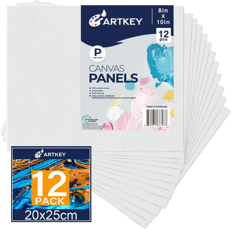Artkey Canvases for Painting 8x10 Inch 12-Pack, 10 oz Primed 100% Cotton White Blank Canvas Boards for Painting, Art Supplies Paint Canvas Panels for Acrylic Oil Watercolor Tempera Paints Artkey